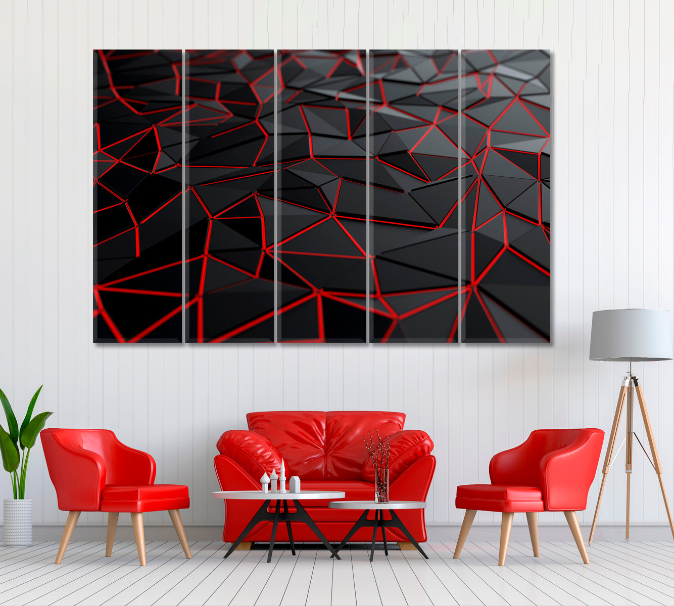 Abstract Triangles with Red Backlight Canvas Print ArtLexy 5 Panels 36"x24" inches 