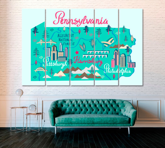 Map of Pennsylvania USA with Attractions Canvas Print ArtLexy 5 Panels 36"x24" inches 