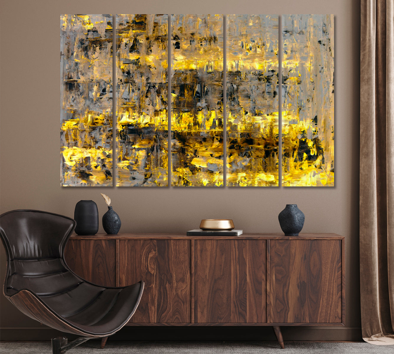 Bright Yellow Abstract Landscape Canvas Print ArtLexy 5 Panels 36"x24" inches 