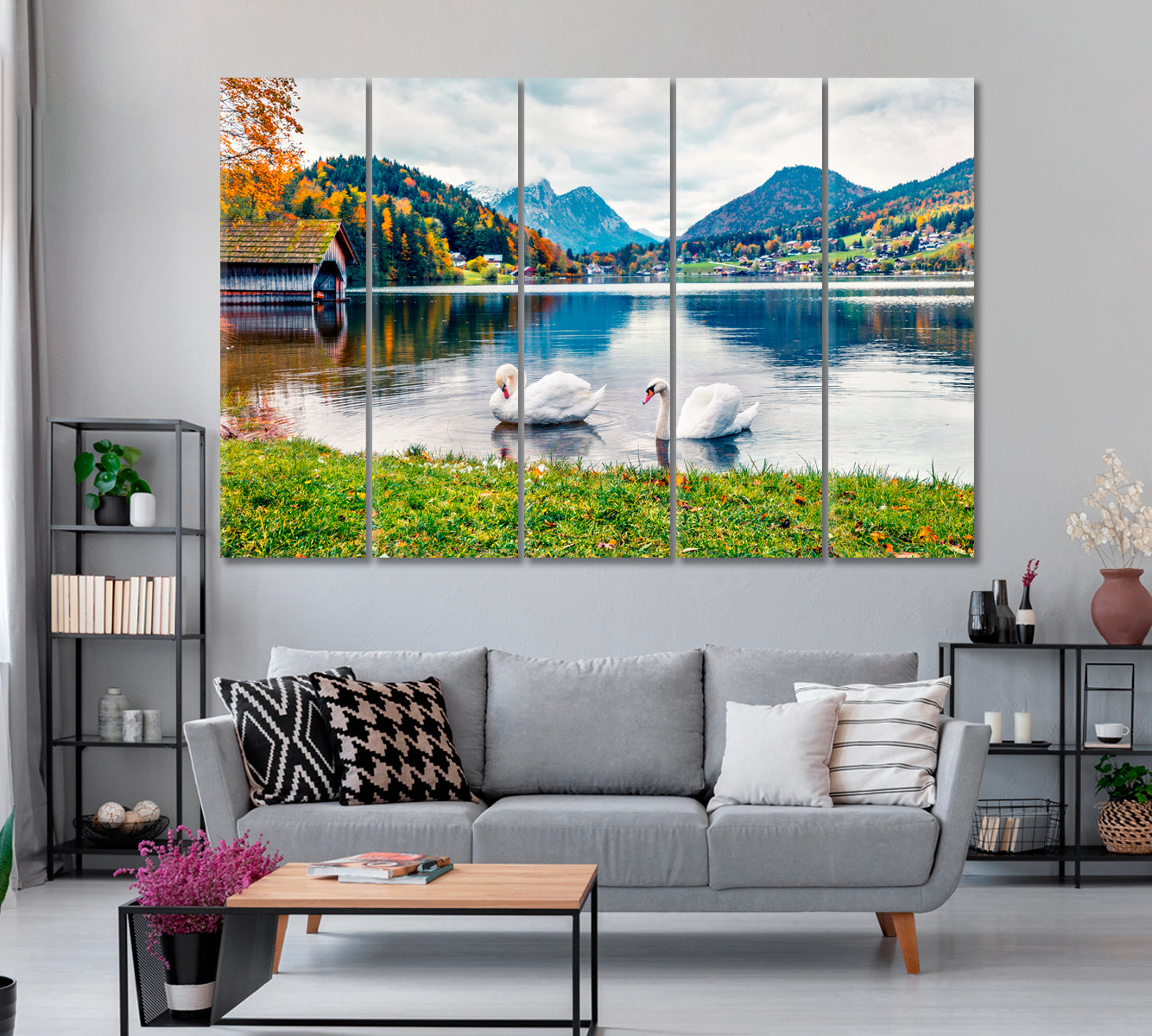 Swans on Grundlsee Lake Alps Canvas Print ArtLexy 5 Panels 36"x24" inches 