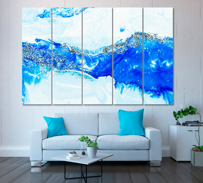 Abstract Blue Ocean with Silver Glitter Canvas Print ArtLexy 5 Panels 36"x24" inches 