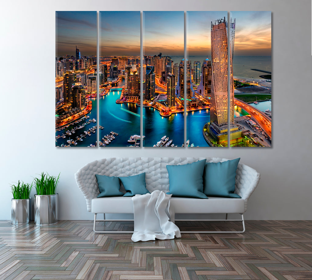 Dubai Marina Skyline At Night Canvas Print ArtLexy 5 Panels 36"x24" inches 