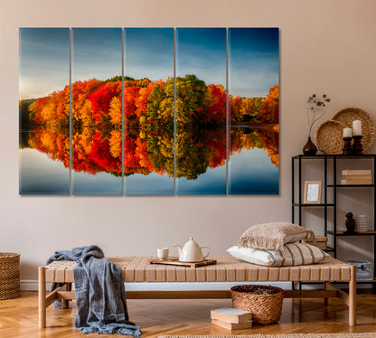 Autumn Trees Reflected In Pond Canvas Print ArtLexy 5 Panels 36"x24" inches 