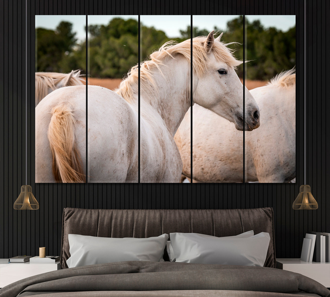 Herd of White Horses Camargue France Canvas Print ArtLexy 5 Panels 36"x24" inches 