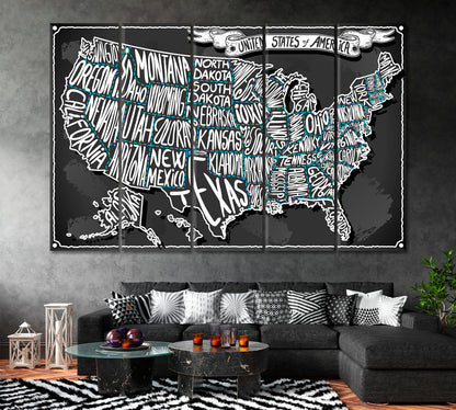United States Map Canvas Print ArtLexy 5 Panels 36"x24" inches 