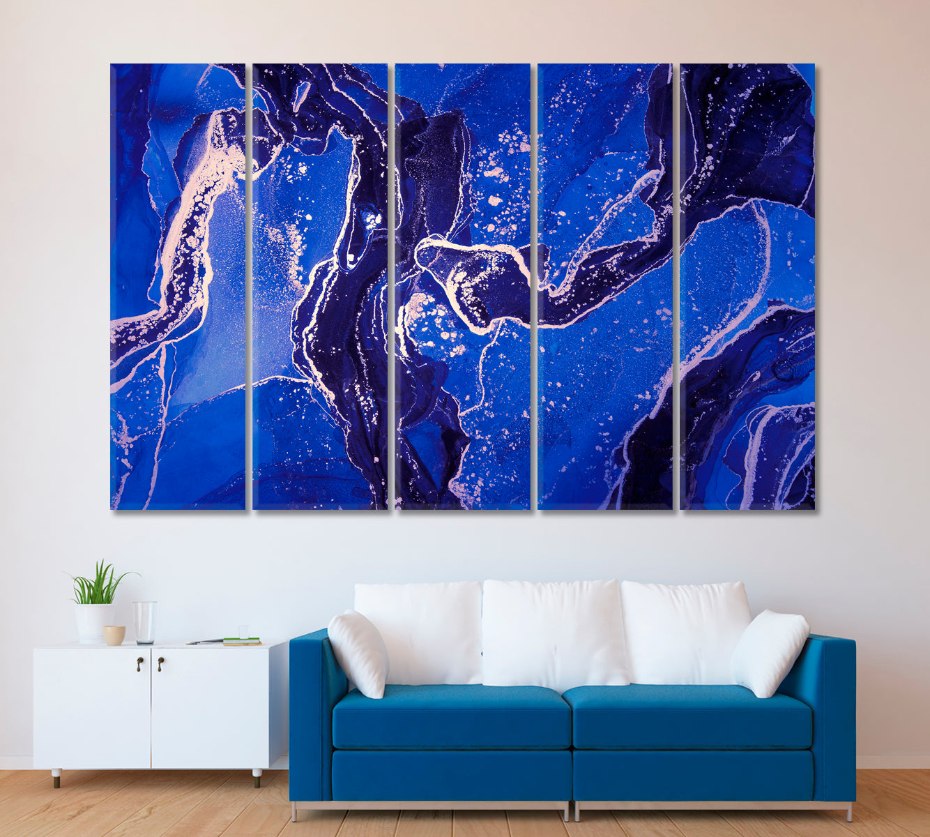 Luxury Abstract Blue Marble Canvas Print ArtLexy 5 Panels 36"x24" inches 