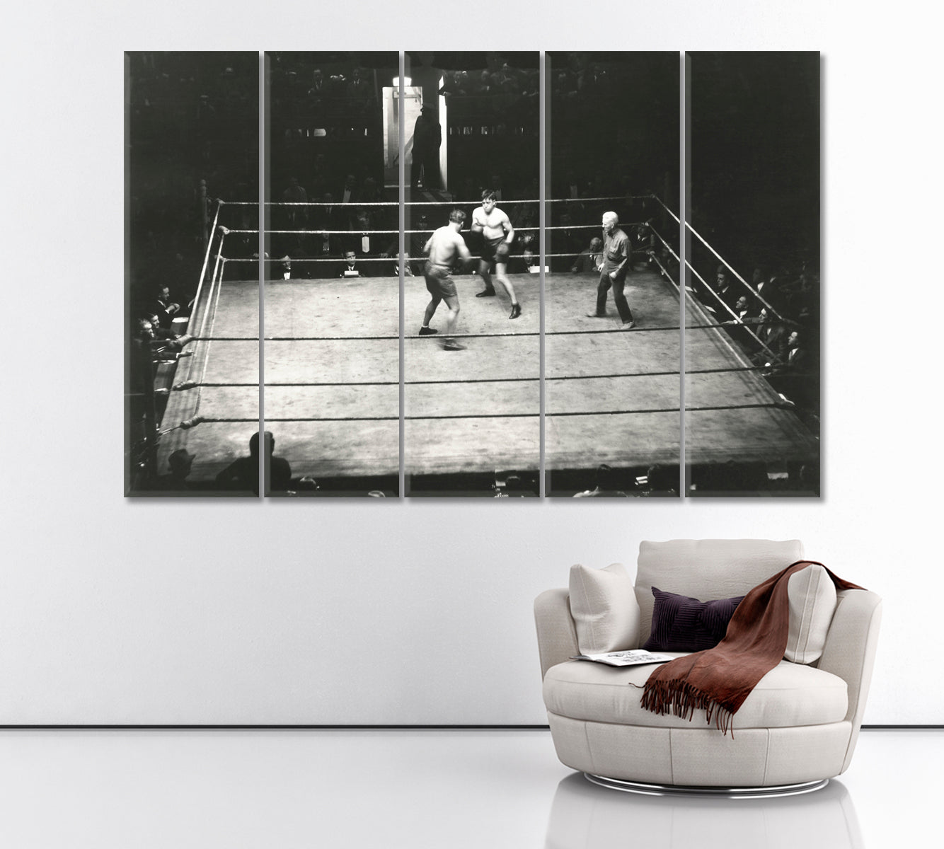Retro Snapshot of Boxing Ring with Boxers Canvas Print ArtLexy 5 Panels 36"x24" inches 