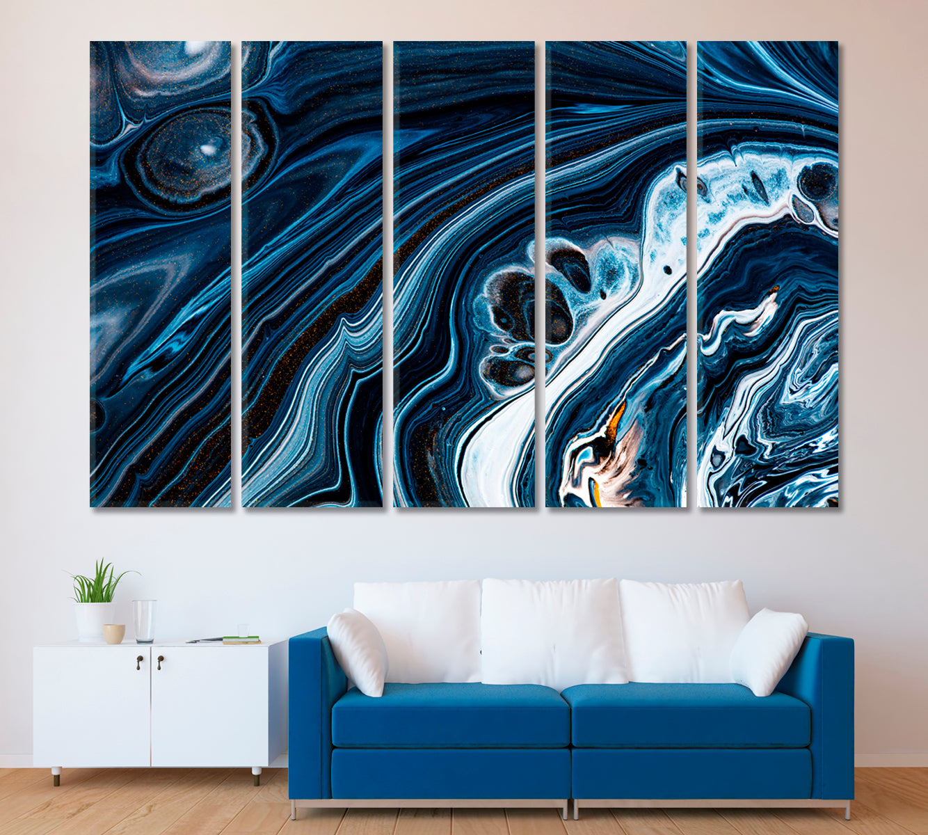Abstract Blue Fluid Marble Canvas Print ArtLexy 5 Panels 36"x24" inches 