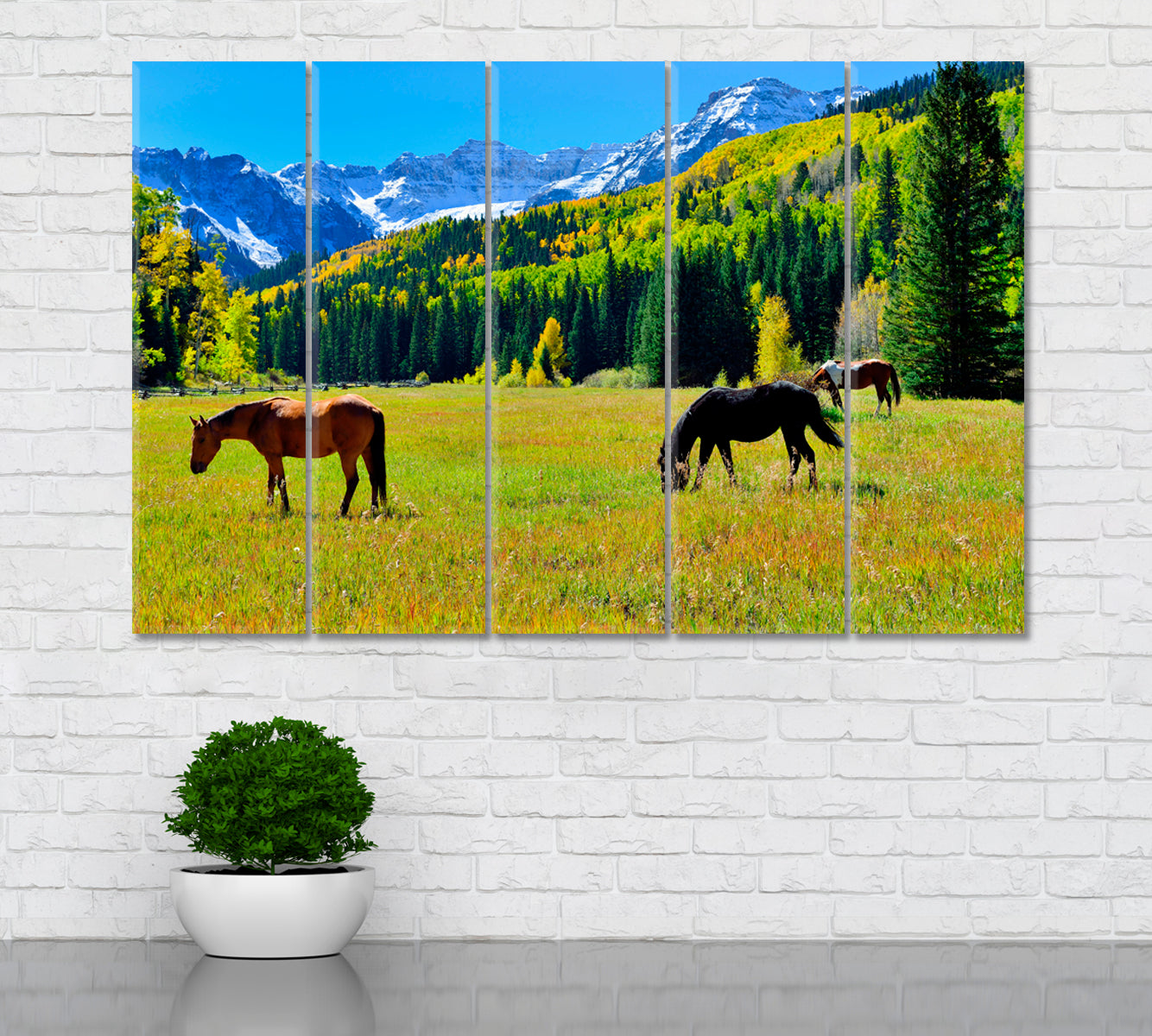 Horses in Rocky Mountains Canvas Print ArtLexy 5 Panels 36"x24" inches 