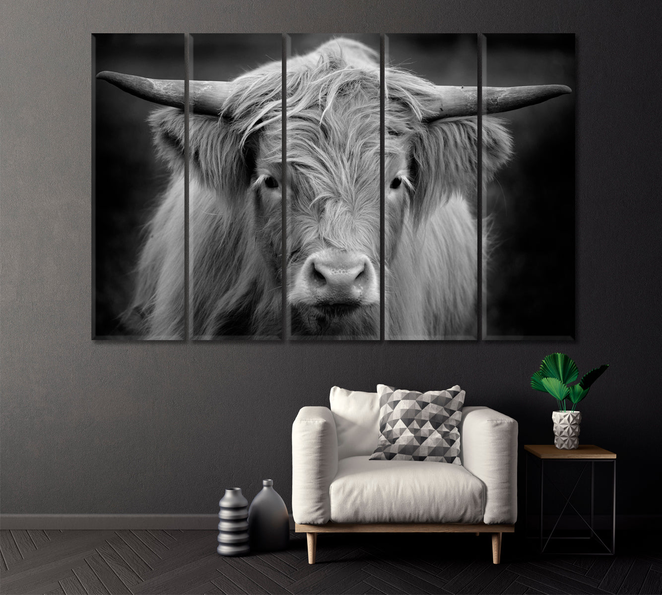 Highland Cow in Black and White Canvas Print ArtLexy 5 Panels 36"x24" inches 