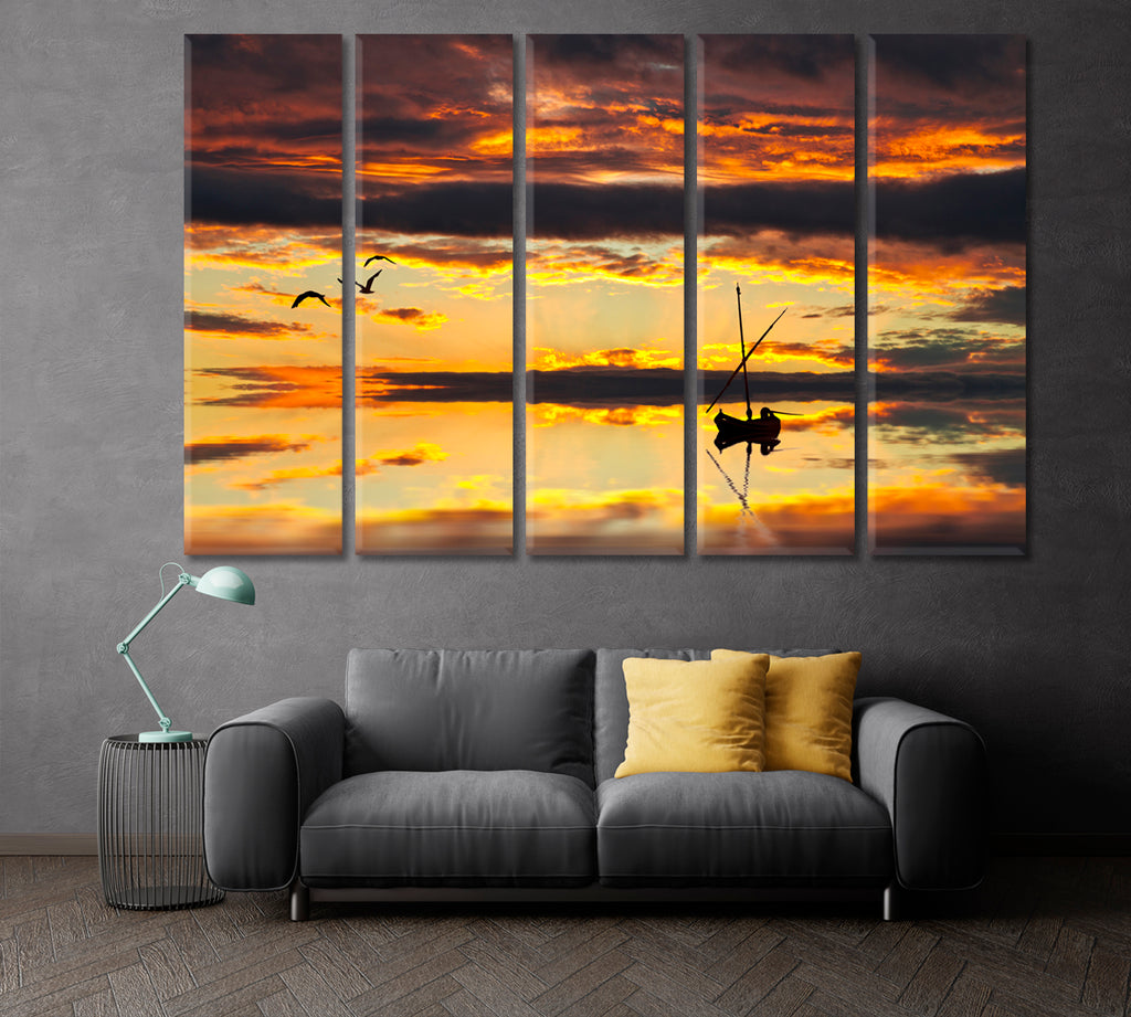 Amazing Sunset Reflection with Fishing Boat Canvas Print ArtLexy 5 Panels 36"x24" inches 