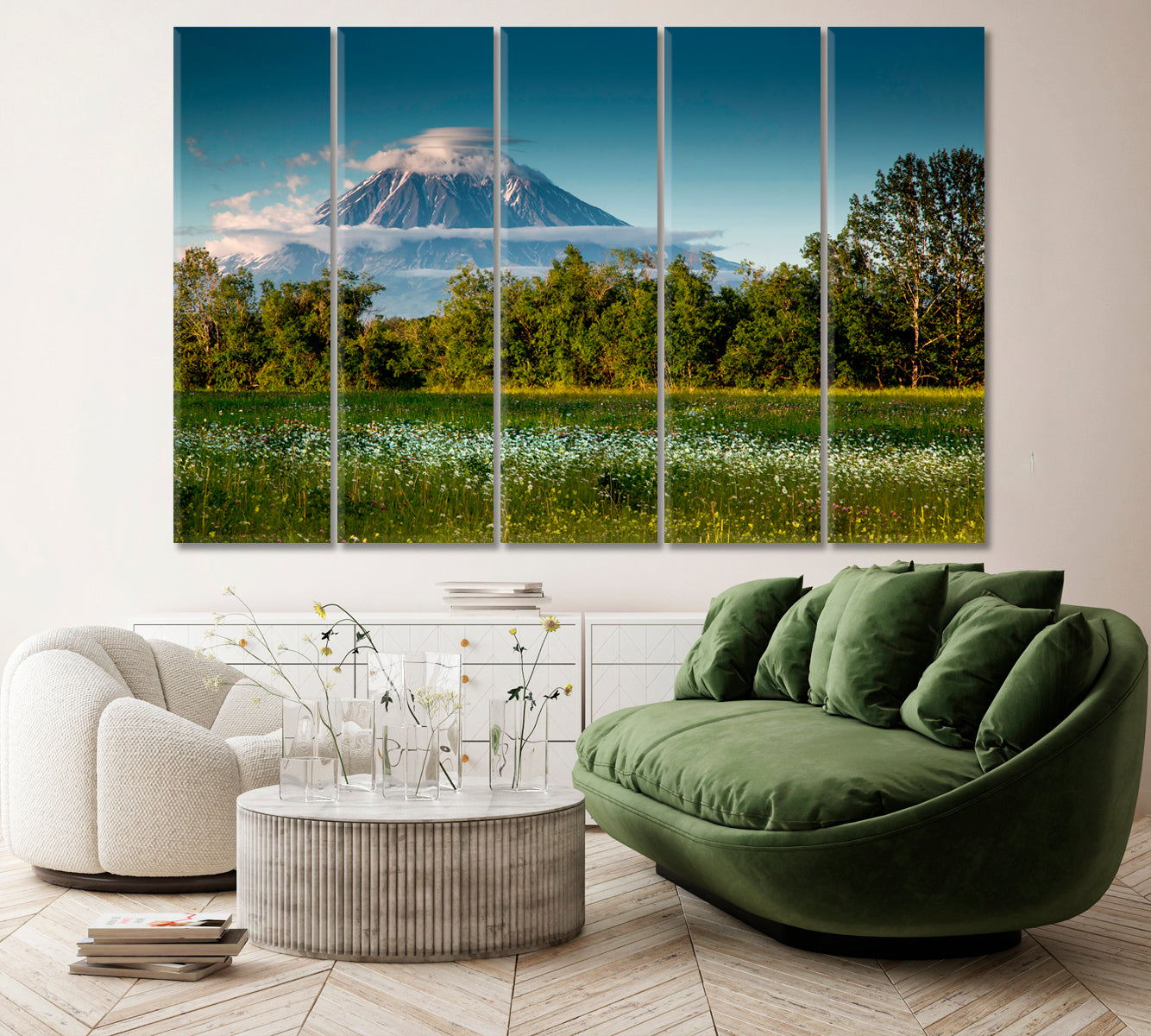 Chamomile Field and Koryak Volcano Kamchatka Canvas Print ArtLexy 5 Panels 36"x24" inches 