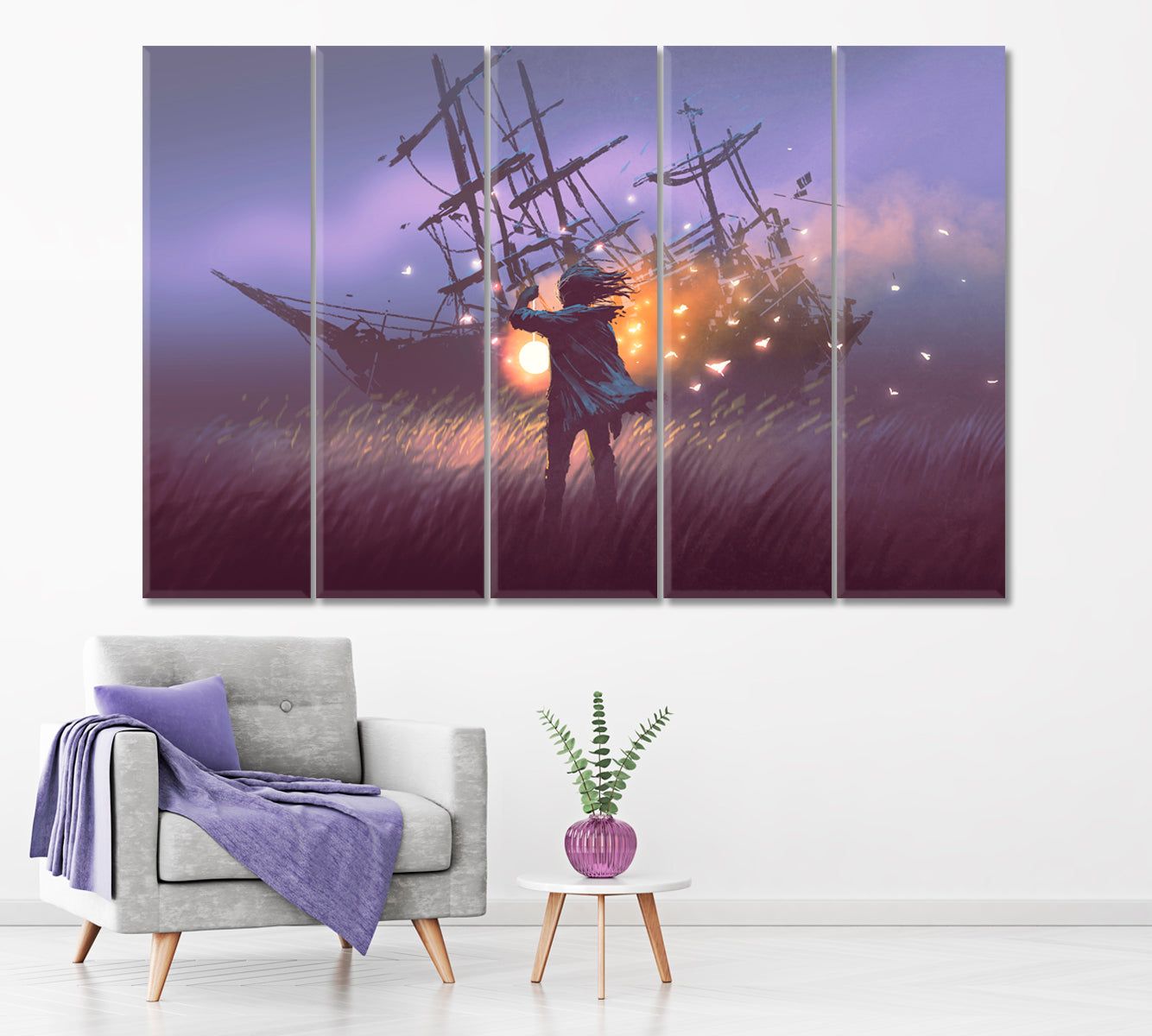 Man with Lantern Found Magic Ship in Field Canvas Print ArtLexy 5 Panels 36"x24" inches 
