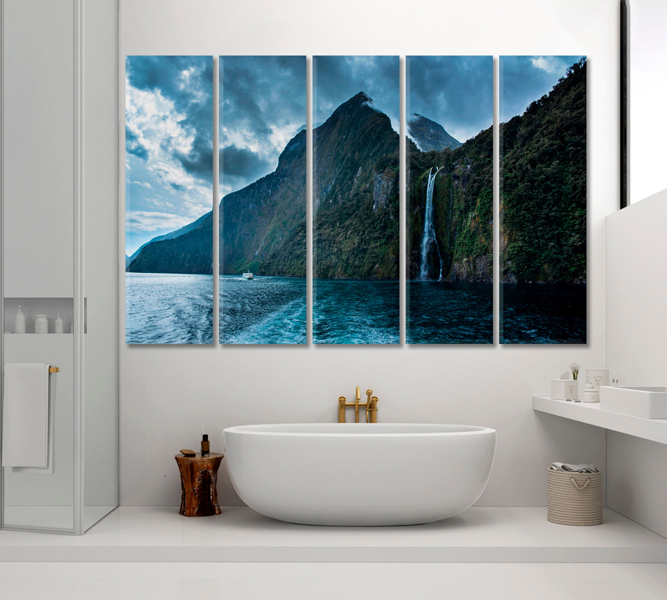 Milford Sound Waterfalls Canvas Print ArtLexy 5 Panels 36"x24" inches 