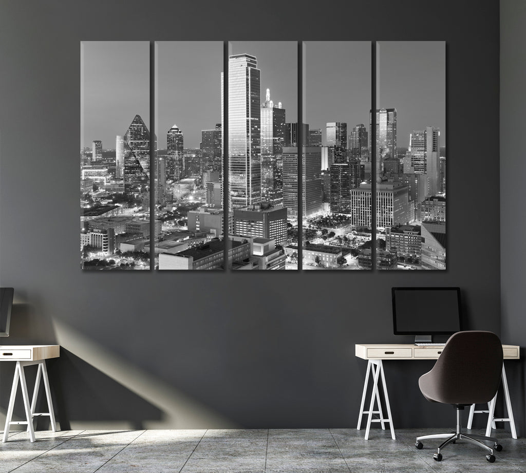 Dallas City Skyline in Black and White Canvas Print ArtLexy 5 Panels 36"x24" inches 