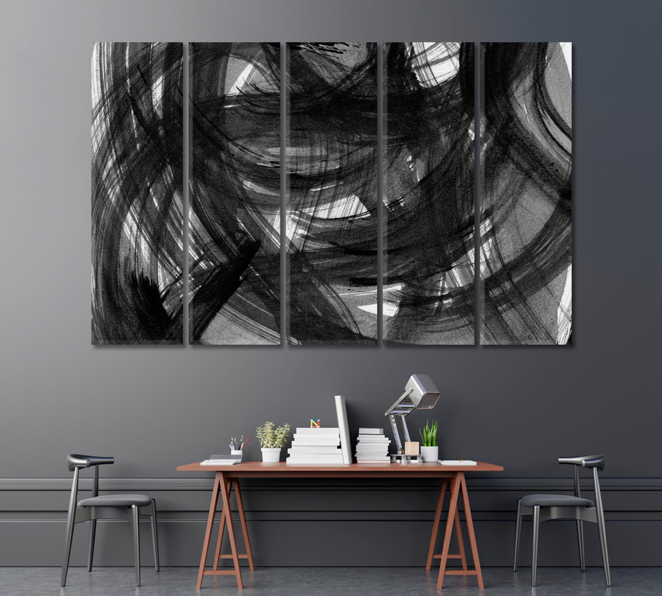 Abstract Modern Black Brush Strokes Canvas Print ArtLexy 5 Panels 36"x24" inches 