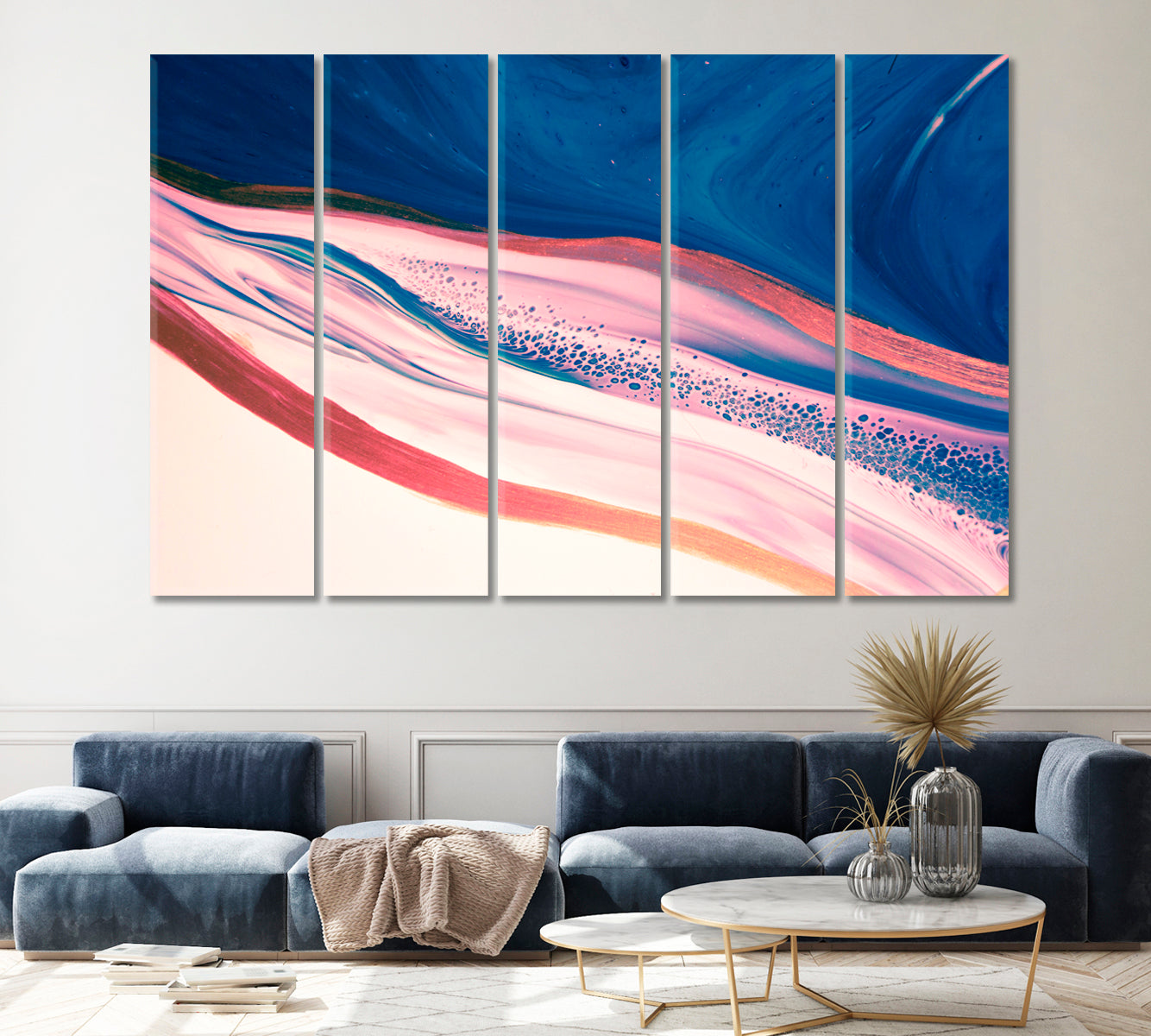 Minimalistic Blue & Pink Ink Pattern Canvas Print ArtLexy 5 Panels 36"x24" inches 