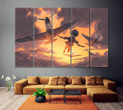 Boy Flying in Sky with Planes Canvas Print ArtLexy 5 Panels 36"x24" inches 