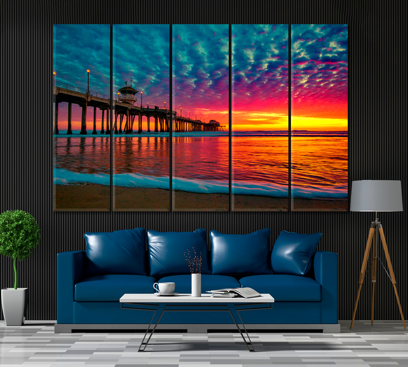 Huntington Beach Pier, California-Pen hot King-A2695-Home Decor Holiday Artwork Texture Painting Dining Wall Art