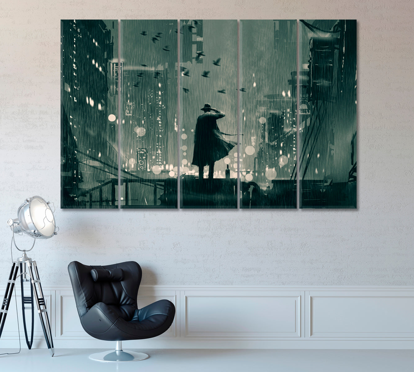 Detective Standing on Roof in Rainy Night Canvas Print ArtLexy 5 Panels 36"x24" inches 