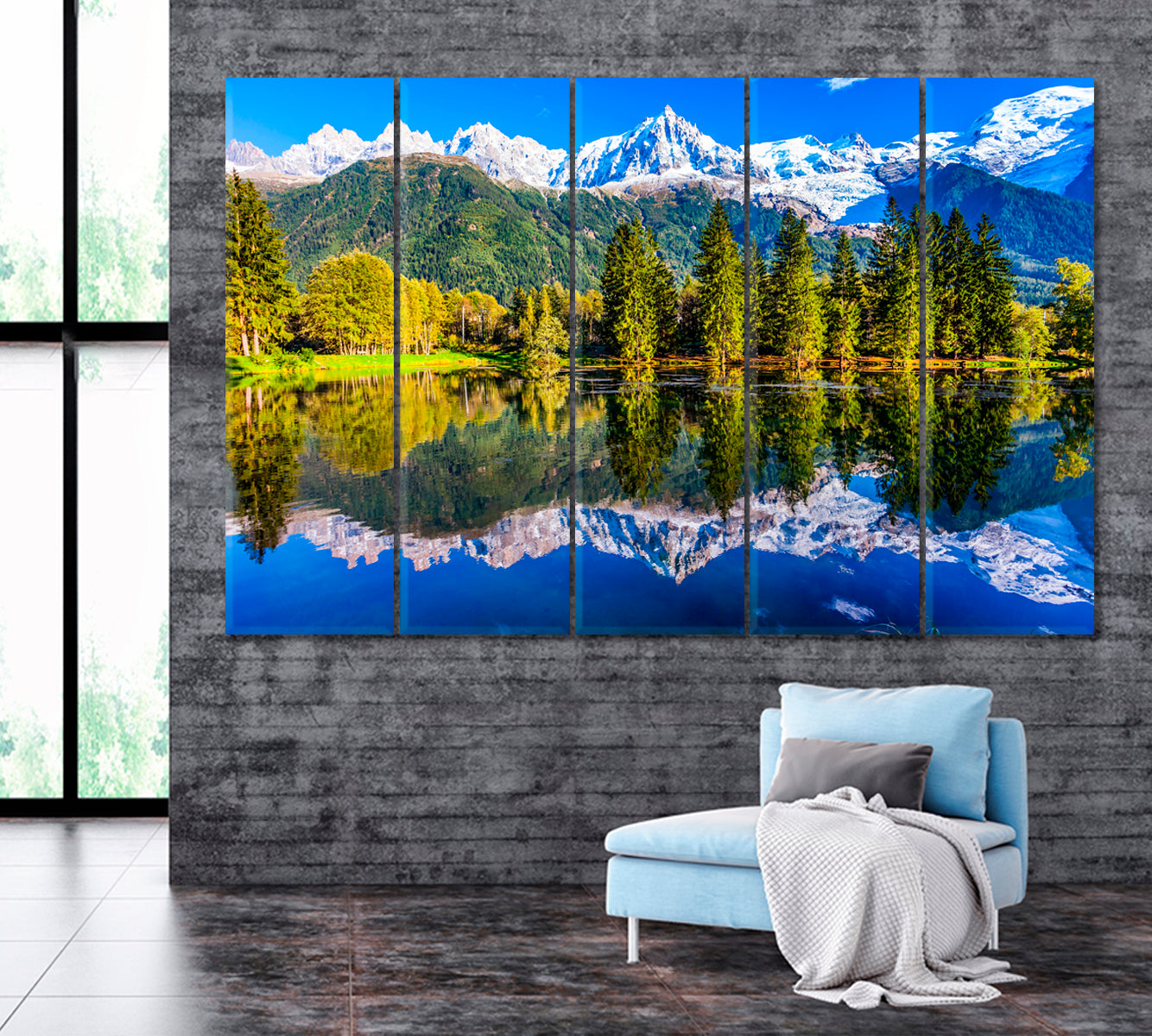 Reflections of Snowy Mountains in Lake Canvas Print ArtLexy 5 Panels 36"x24" inches 