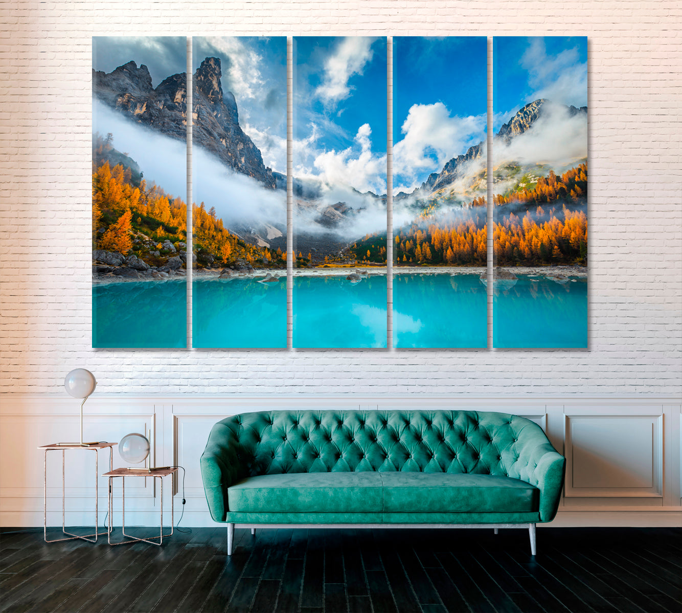 Misty Mountains with Lake Sorapis Dolomites Italy Canvas Print ArtLexy 5 Panels 36"x24" inches 