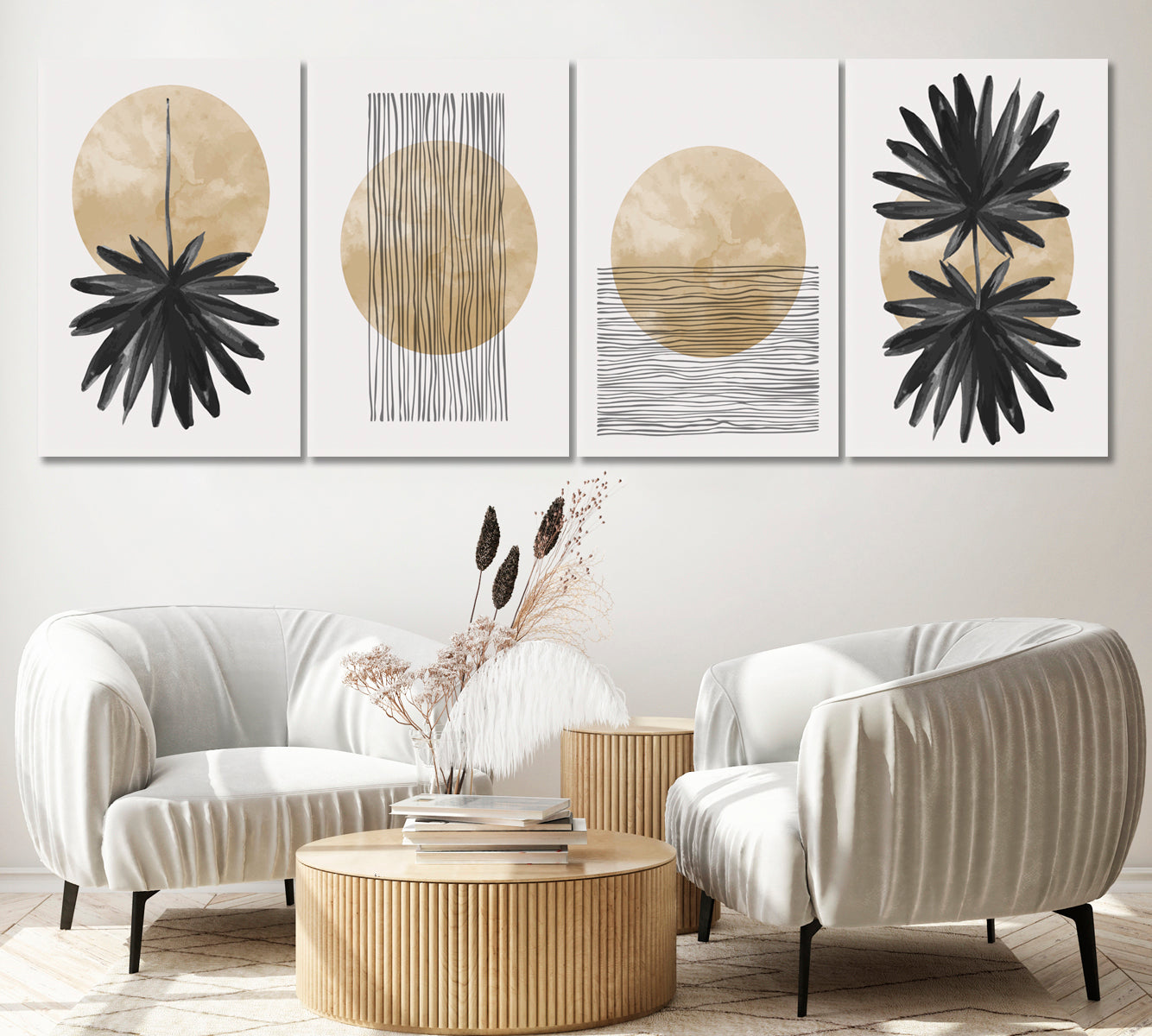 Set of 4 Vertical Minimalist Tropical Palm Leaves and Sunset Canvas Print ArtLexy 4 Panels 64”x24” inches 