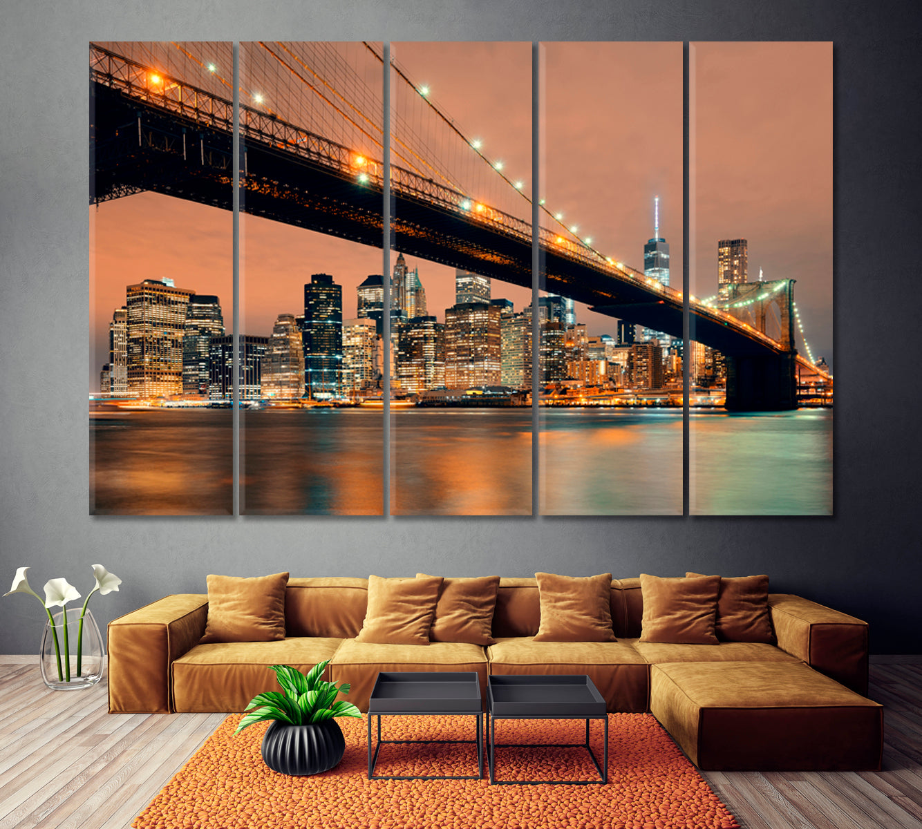 Manhattan Downtown and Brooklyn Bridge at Night Canvas Print ArtLexy 5 Panels 36"x24" inches 