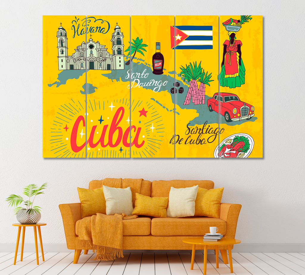 Cartoon Map of Cuba with National Color and Attractions Canvas Print ArtLexy 5 Panels 36"x24" inches 