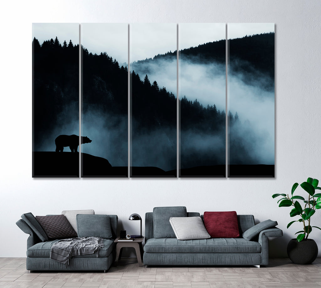 Misty Mountain Landscape with Forest and Bear Silhouette Canvas Print ArtLexy 5 Panels 36"x24" inches 