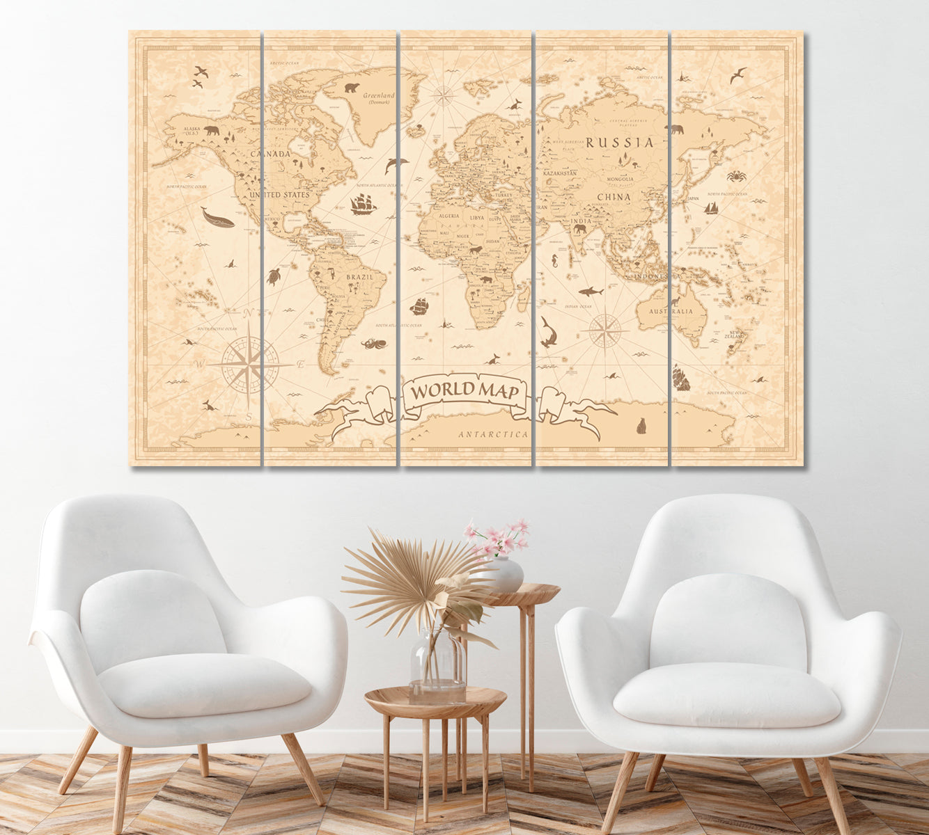 Vintage World Map Canvas Print ArtLexy 5 Panels 36"x24" inches 
