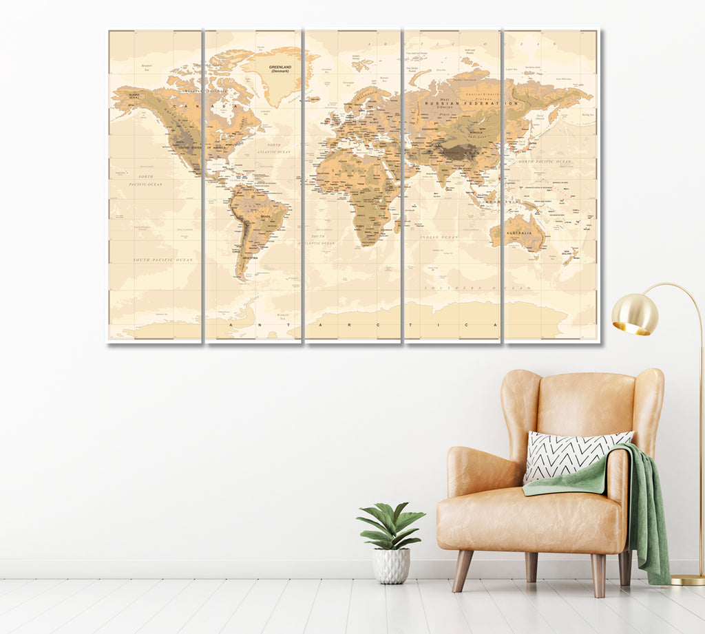 Vintage Physical World Map Canvas Print ArtLexy 5 Panels 36"x24" inches 