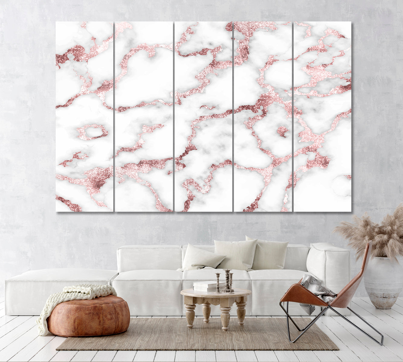 Elegant White Marble with Rose Gold Veins Canvas Print ArtLexy 5 Panels 36"x24" inches 