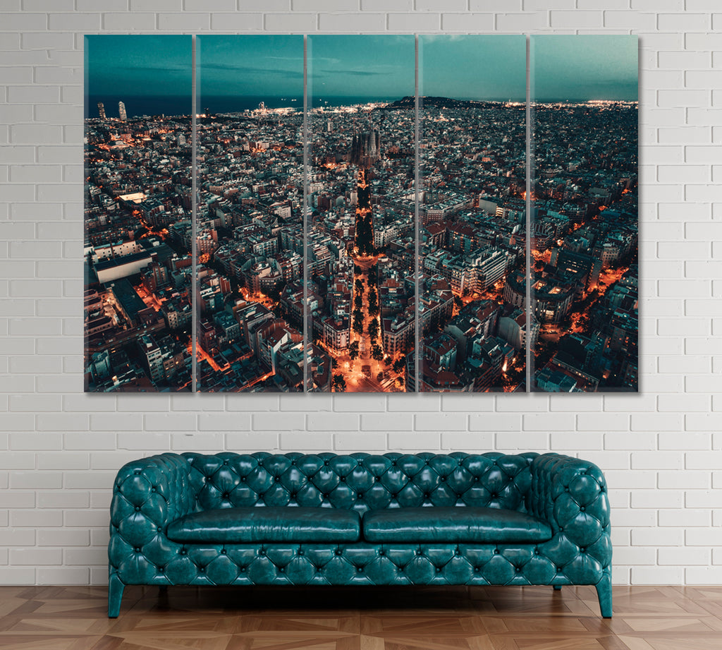 Barcelona Skyline Spain Canvas Print ArtLexy 5 Panels 36"x24" inches 