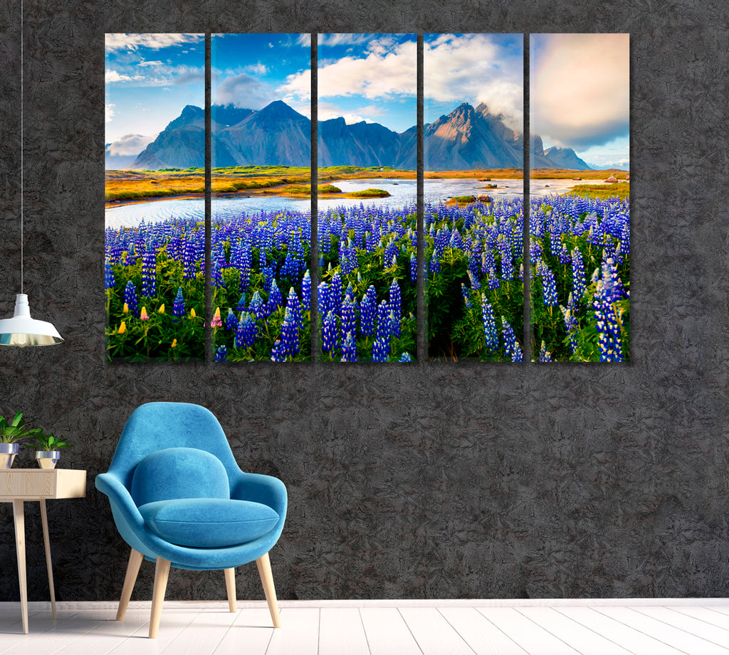 Vestrahorn Mountain and Beautiful Lupine Flowers Iceland Canvas Print ArtLexy 5 Panels 36"x24" inches 