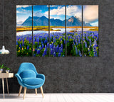 Vestrahorn Mountain and Beautiful Lupine Flowers Iceland Canvas Print ArtLexy 5 Panels 36"x24" inches 