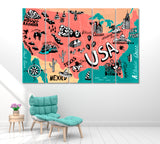 Illustrated Map of USA Canvas Print ArtLexy 5 Panels 36"x24" inches 