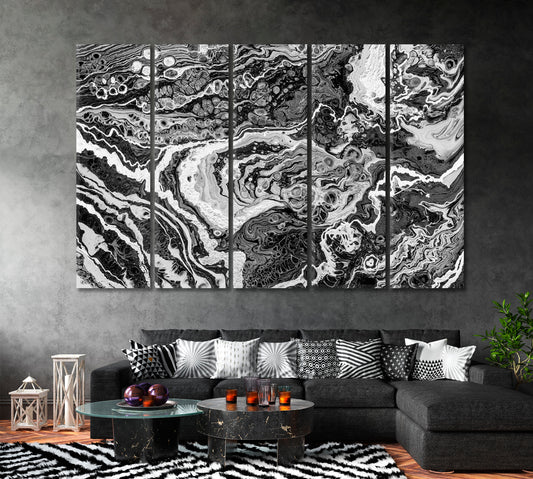 Luxury Contemporary Fluid Black and White Marble Canvas Print ArtLexy 5 Panels 36"x24" inches 