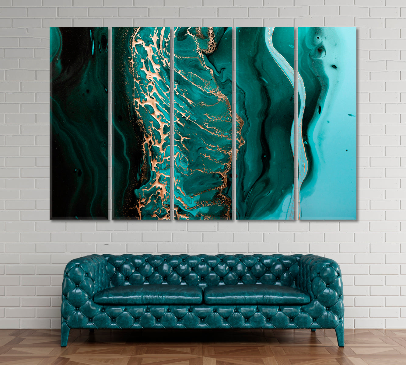 Abstract Green Waves with Gold Swirls Canvas Print ArtLexy 5 Panels 36"x24" inches 