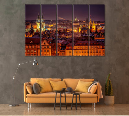 Night View of Prague Czech Republic Canvas Print ArtLexy 5 Panels 36"x24" inches 