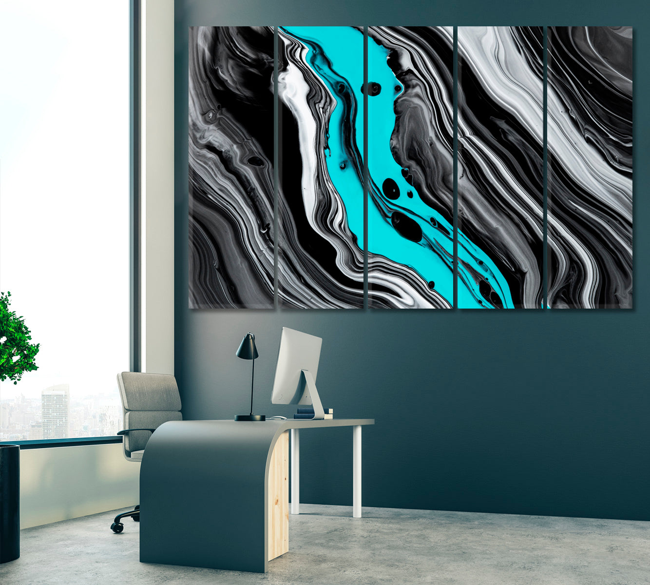 Abstract Mixed Black Wavy Marble Canvas Print ArtLexy 5 Panels 36"x24" inches 