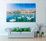 Zurich Downtown and Limmat River with Swans Canvas Print ArtLexy 5 Panels 36"x24" inches 
