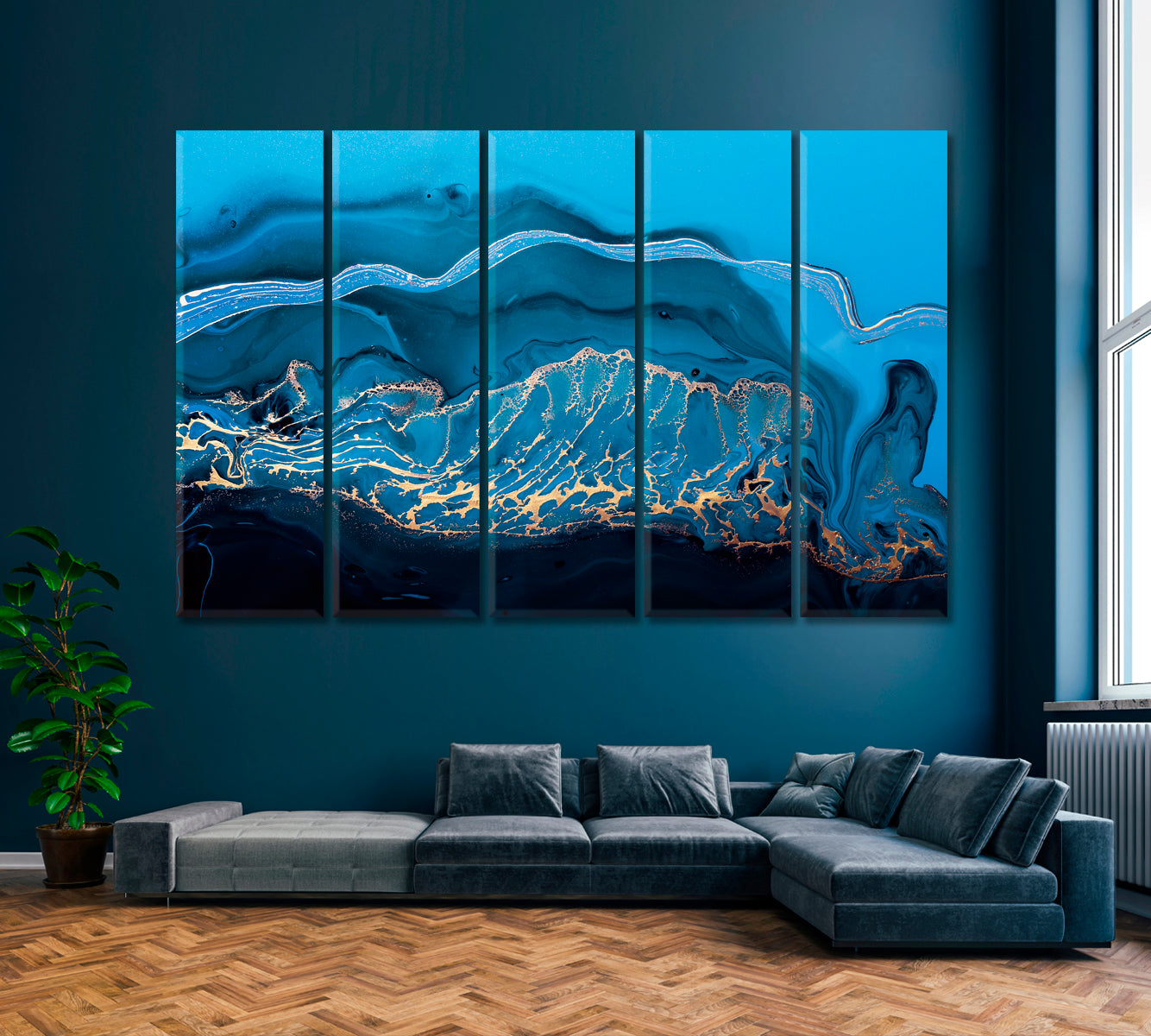 Abstract Ocean with Gold Waves Canvas Print ArtLexy 5 Panels 36"x24" inches 