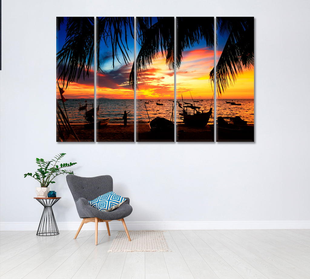 Sunset over Tropical Beach with Boats Pattaya Thailand Canvas Print ArtLexy 5 Panels 36"x24" inches 