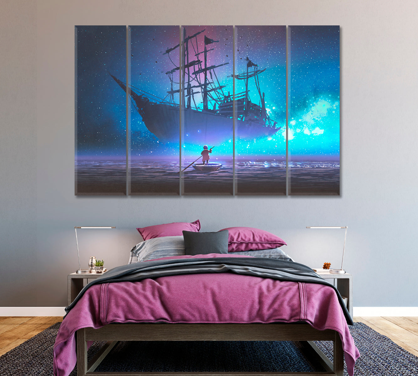 Sailing Ship Floating in Starry Sky Canvas Print ArtLexy 5 Panels 36"x24" inches 