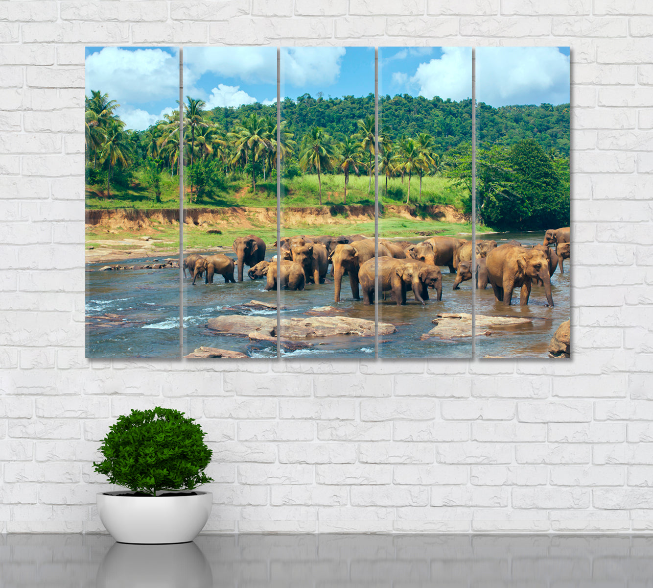 Sri Lanka Elephants in Jungle Canvas Print ArtLexy 5 Panels 36"x24" inches 