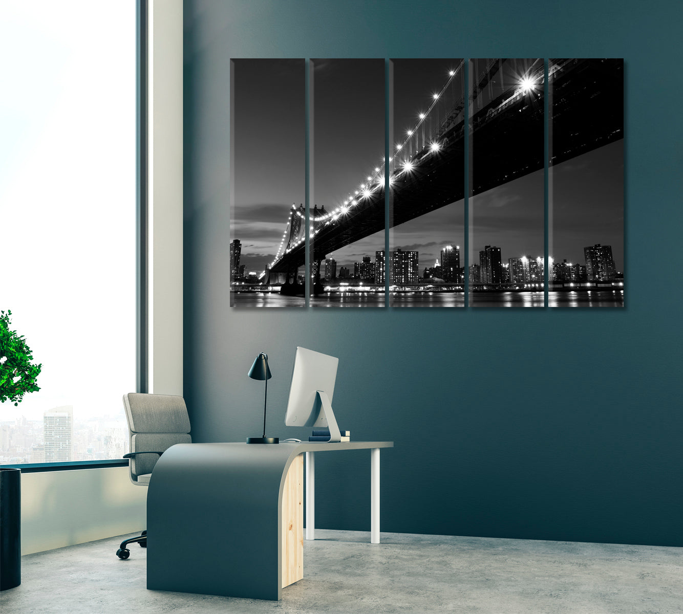 New York City Skyline with Manhattan Bridge Canvas Print ArtLexy 5 Panels 36"x24" inches 
