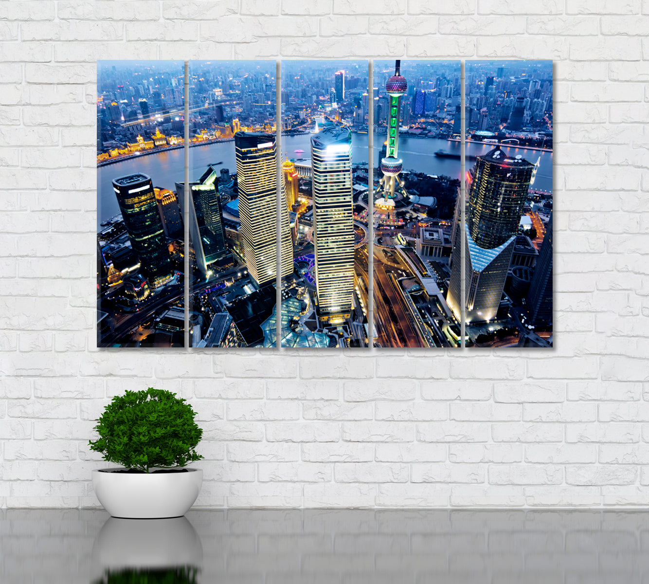 Shanghai Downtown at Night Canvas Print ArtLexy 5 Panels 36"x24" inches 