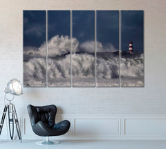 Huge Waves Crash into Lighthouse in Portugal Canvas Print ArtLexy 5 Panels 36"x24" inches 