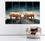 Two Rhinos Fight Canvas Print ArtLexy 5 Panels 36"x24" inches 